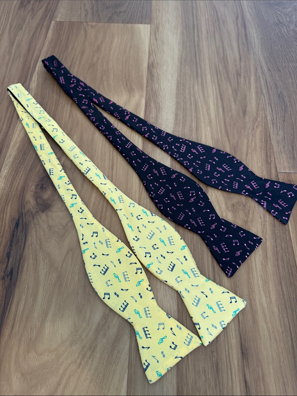 Bundle of 2 Music Themed 100% Silk Adjustable Bow Ties - Pink / Yellow